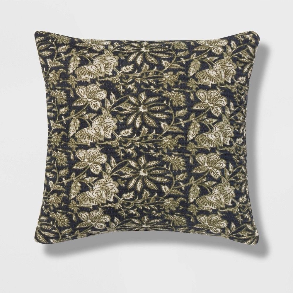 Threshold Botanical Decorative Throw Pillow Square Navy Green Cream Cotton